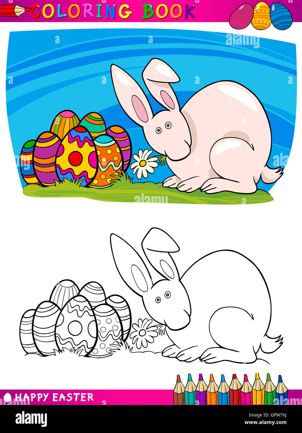 easter bunny cartoon illustration for coloring Stock Photo - Alamy