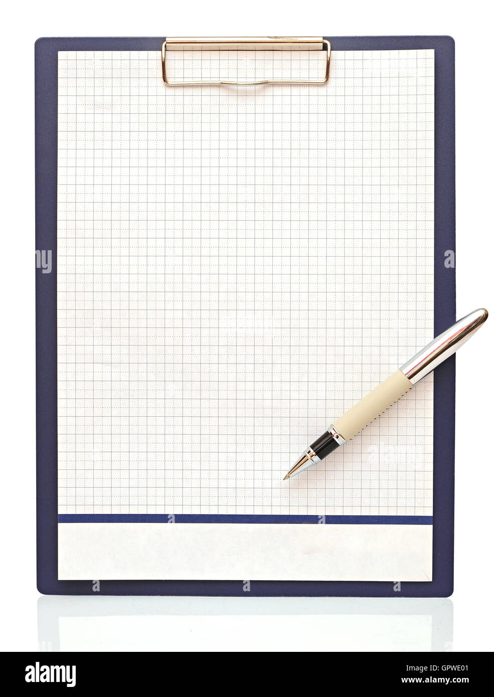 Clipboard with blank paper and pen on a white background Stock Photo