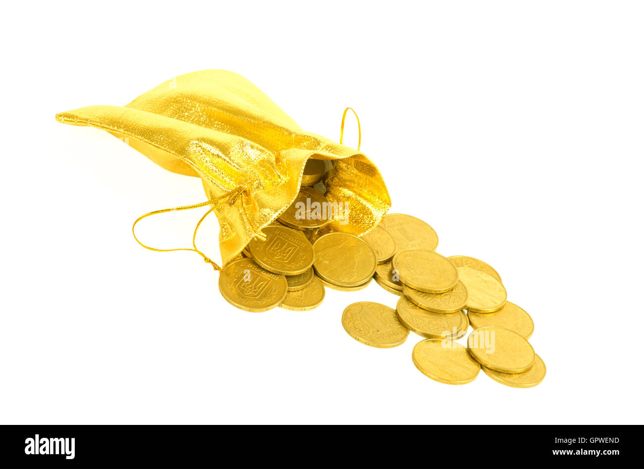 Money coins in golden bag isolated on white Stock Photo - Alamy