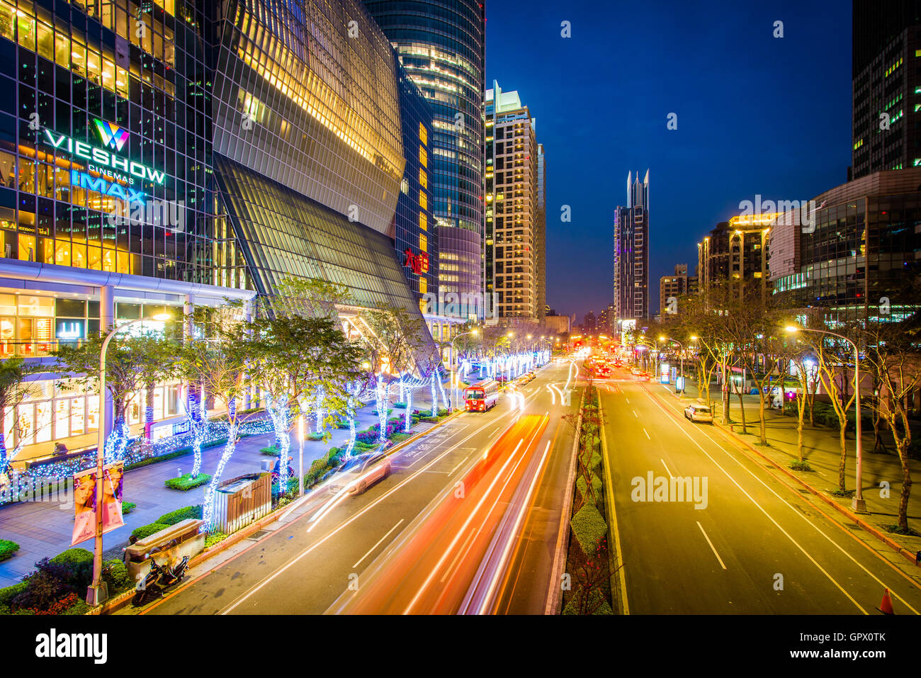 Modern buildings and street at night at Banqiao, in New Taipei City, Taiwan. Stock Photo