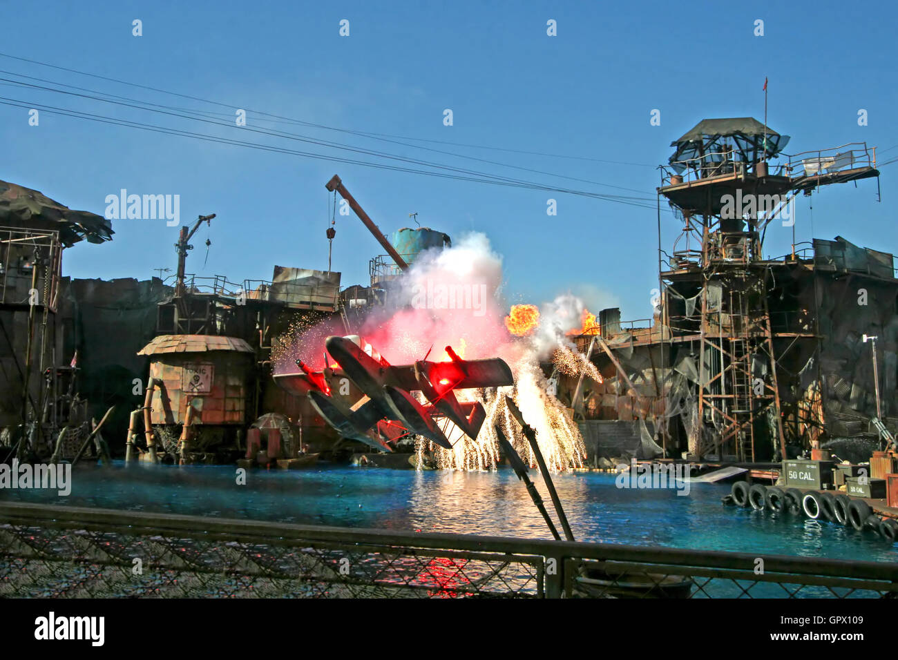 Universal City, California. September 18th, 2009. The seaplane / skyboat in the WaterWorld show at Universal Studios Hollywood. Stock Photo