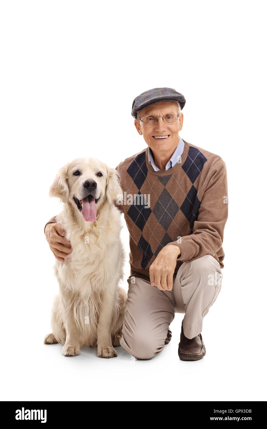 Labrador Man Elderly man posing together with a Labrador retriever dog isolated on ...