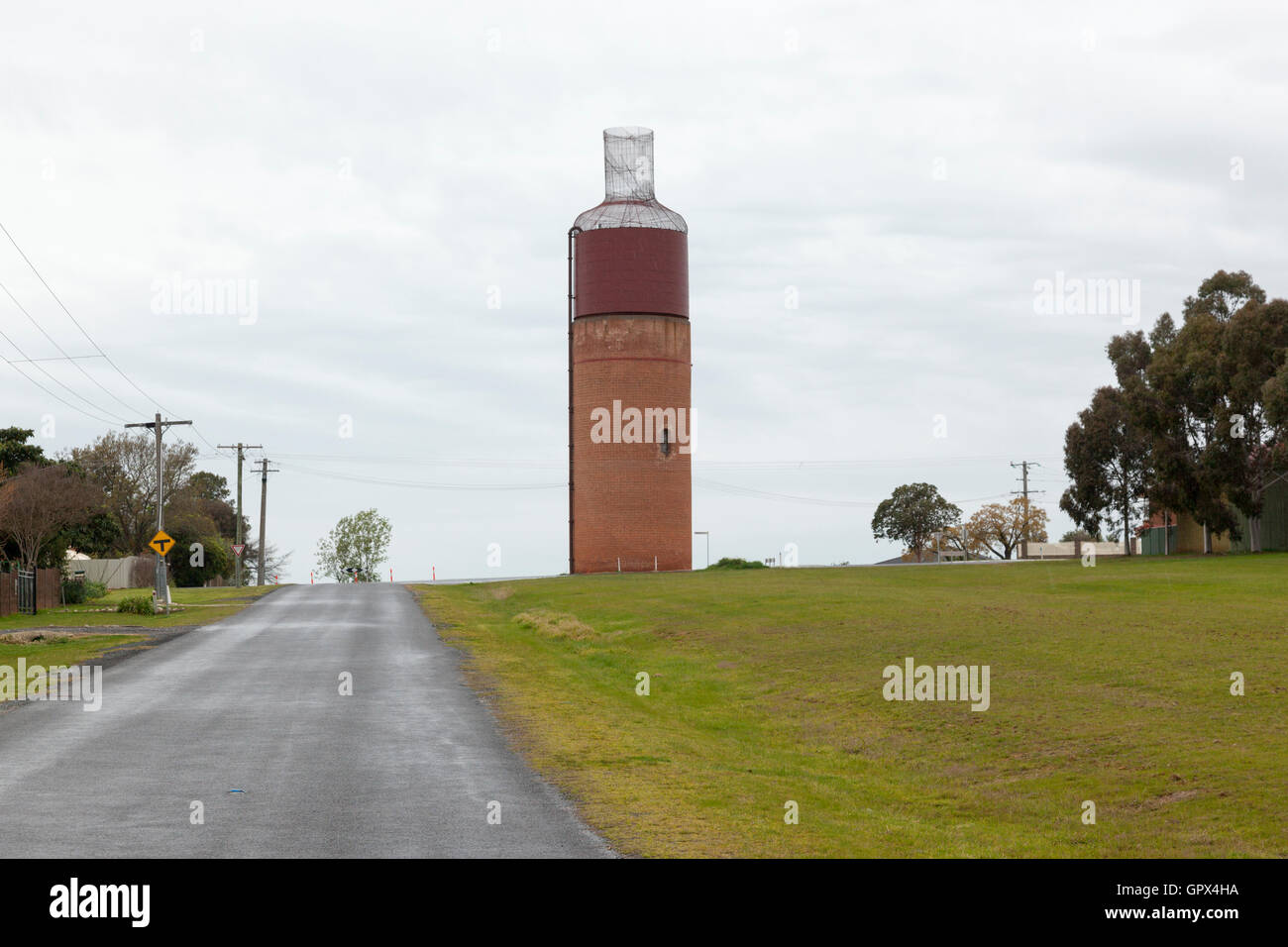 unique tall building in the shape of a wine bottle in the Victorian wine country Stock Photo