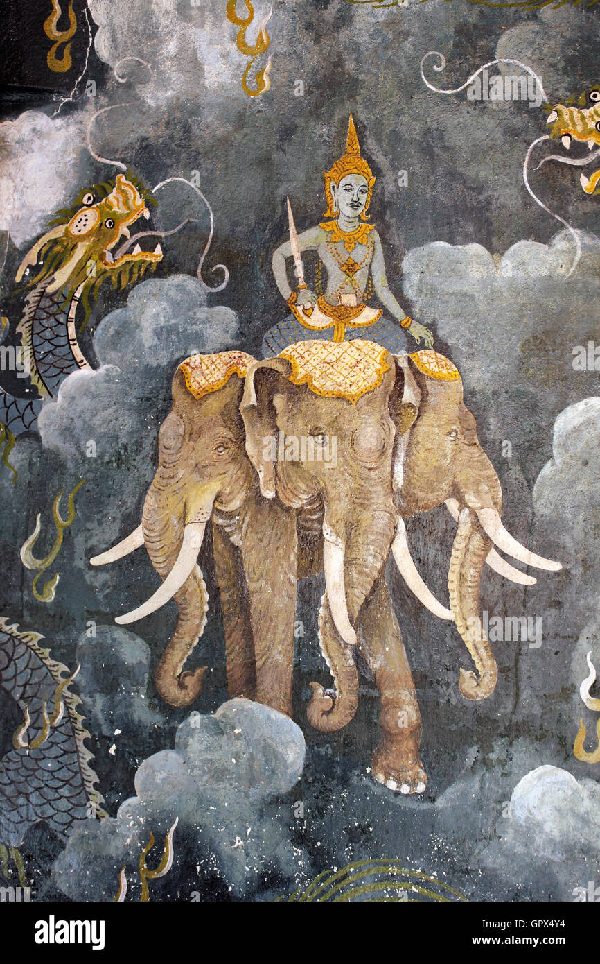 Mural Of Erawan The Three-Headed Elephant In Wat Phra That Doi Suthep Temple Thailand Stock Photo