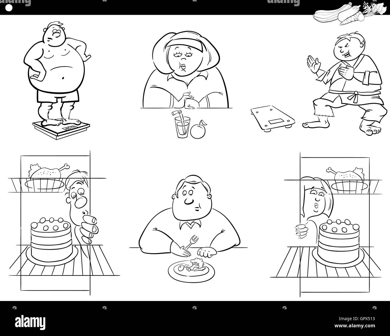 Black and White Cartoon Humorous Illustration of Overweight People Characters on Diet Stock Vector