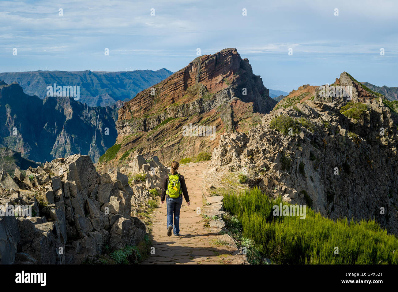 Woman hiker with green backpack doing her hike at Madeira island rocks. Stock Photo