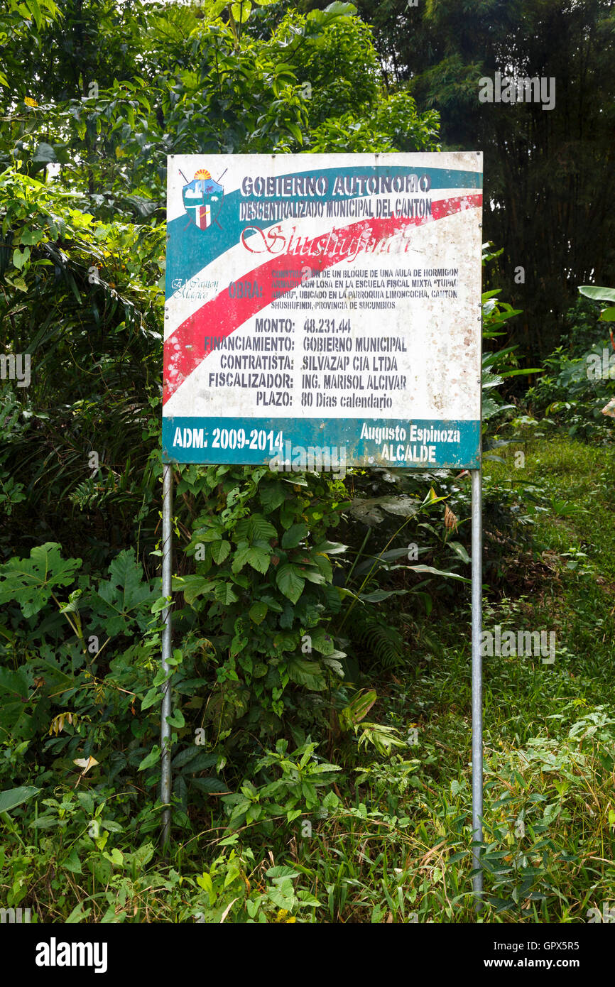 Sign with details of the Pilchi Community on the Napo River (an Amazon tributary), Ecuador, South America Stock Photo