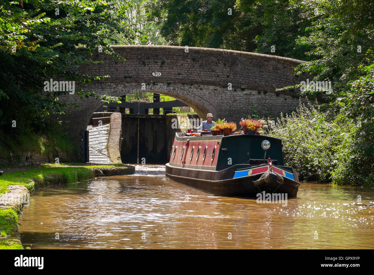 A canal boat negotiating Adderley Locks on the Shropshire Union Canal