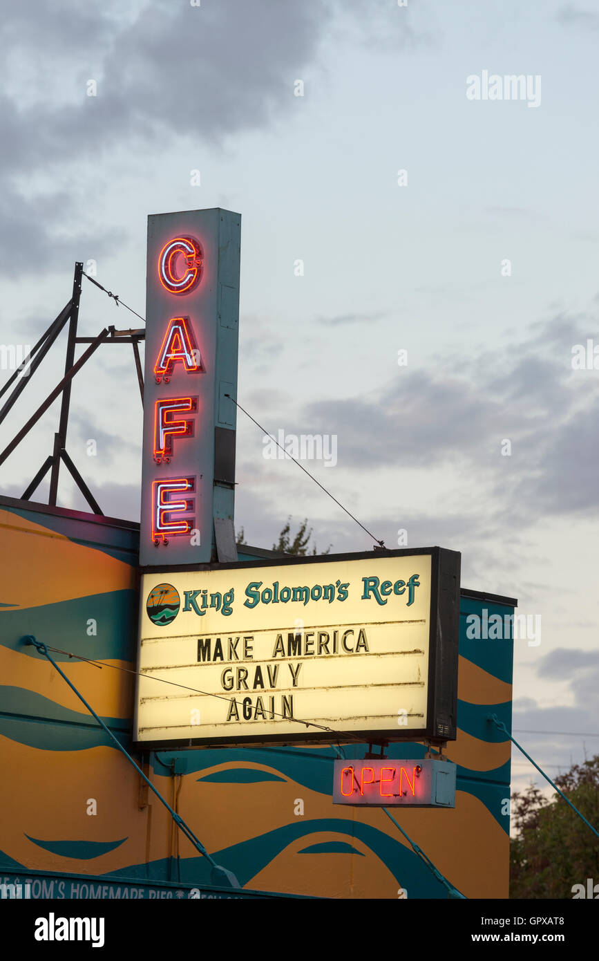 Political satire on the sign of King Solomon's Reef Cafe in downtown Olympia, Washington. Stock Photo