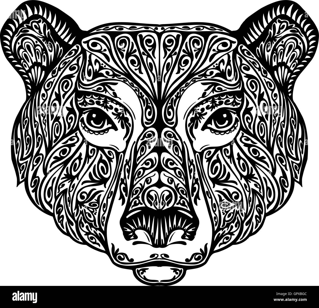 Bear, grizzly or animal painted tribal ethnic ornament. Hand drawn vector illustration with floral elements Stock Vector