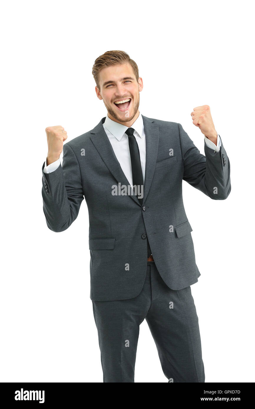 Businessman celebrating with his fists raised in the air and a Stock ...