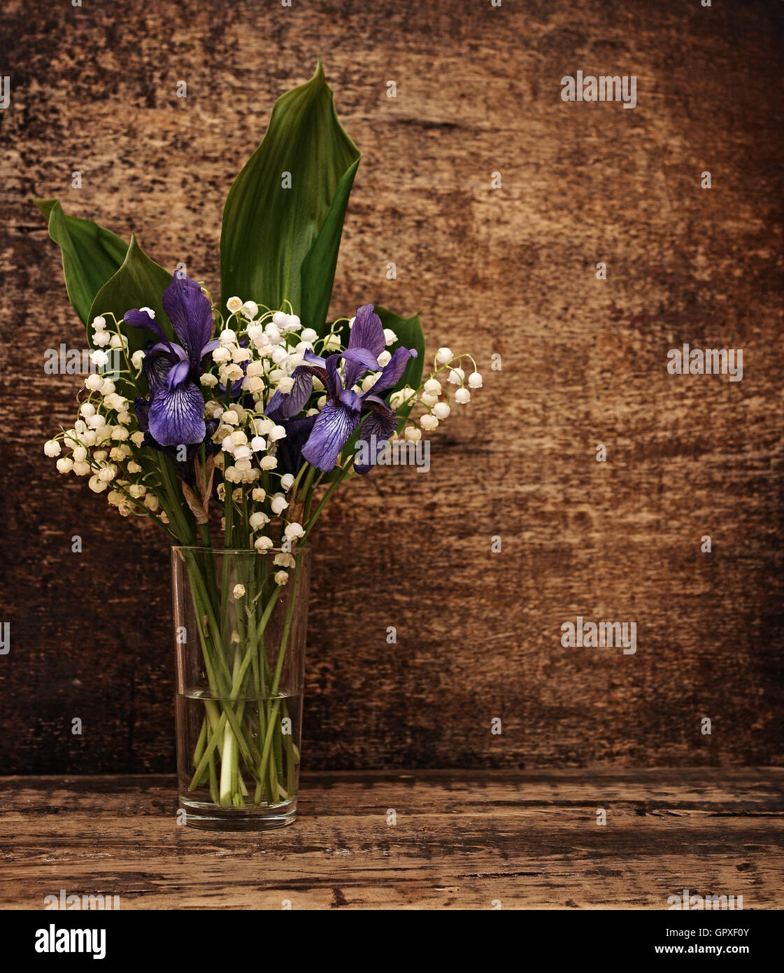 Still-life bouquet of lily of the valley with blue irises Stock Photo ...