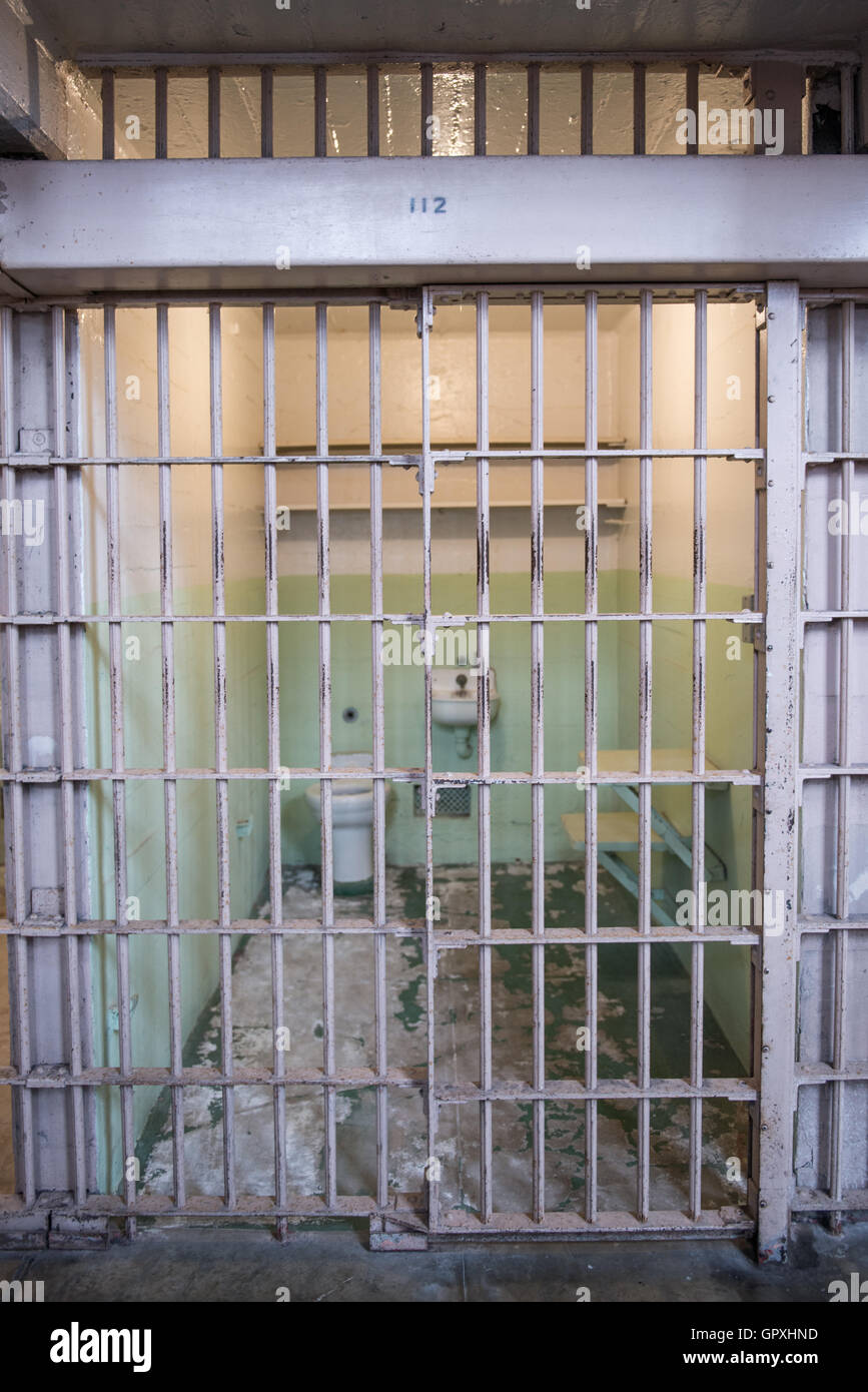 Prison Corridor inside the Alcatraz Penitentiary, with the row of rooms Stock Photo