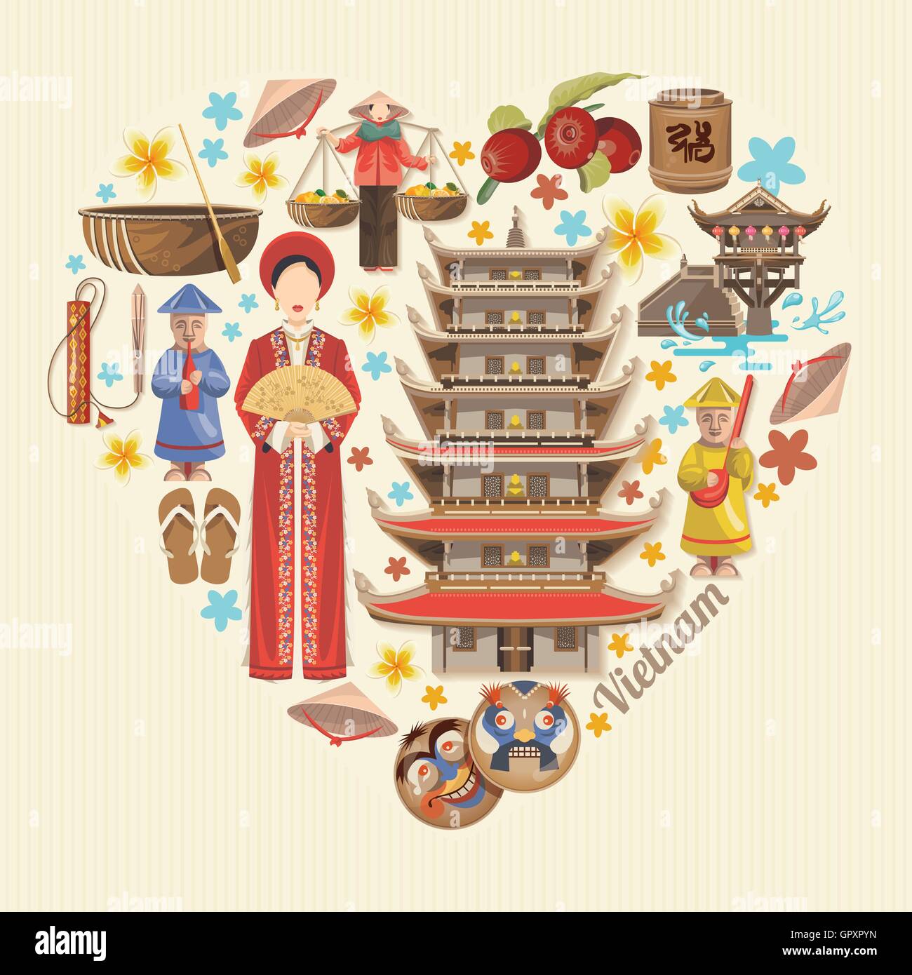 Travel to Vietnam. Set of traditional Vietnamese cultural symbols Stock