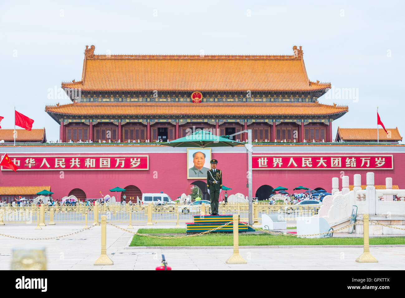 An unidentified soldier stands guard at Tiananmen Square, one of the world's largest city square, China landmark location Stock Photo