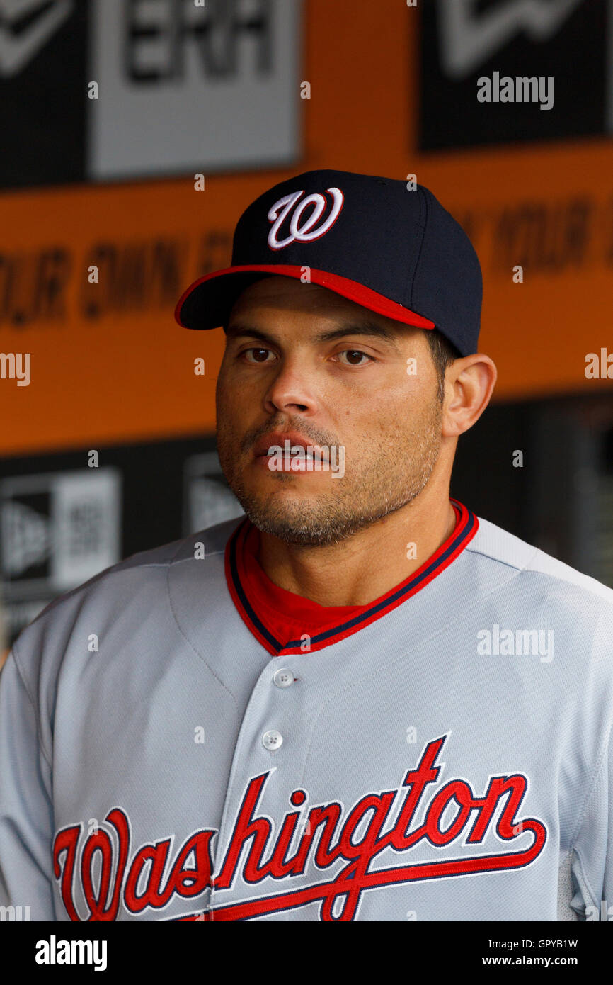June 6, 2011; San Francisco, CA, USA;  Washington Nationals catcher Ivan Rodriguez (7) stands in the dugout before the game against the San Francisco Giants at AT&T Park.  San Francisco defeated Washington 5-4 in 13 innings. Stock Photo
