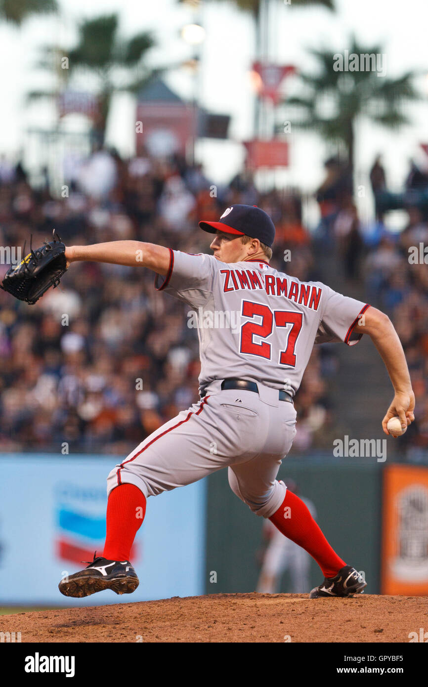 June 7, 2011; San Francisco, CA, USA;  Washington Nationals starting pitcher Jordan Zimmermann (27) pitches against the San Francisco Giants during the third inning at AT&T Park. Stock Photo
