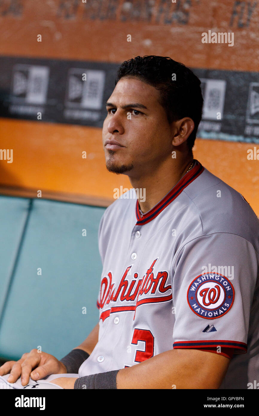 June 7, 2011; San Francisco, CA, USA; Washington Nationals catcher Wilson Ramos (3) sits in the dugout during the fourth inning against the San Francisco Giants at AT&T Park. Washington defeated San Francisco 2-1. Stock Photo