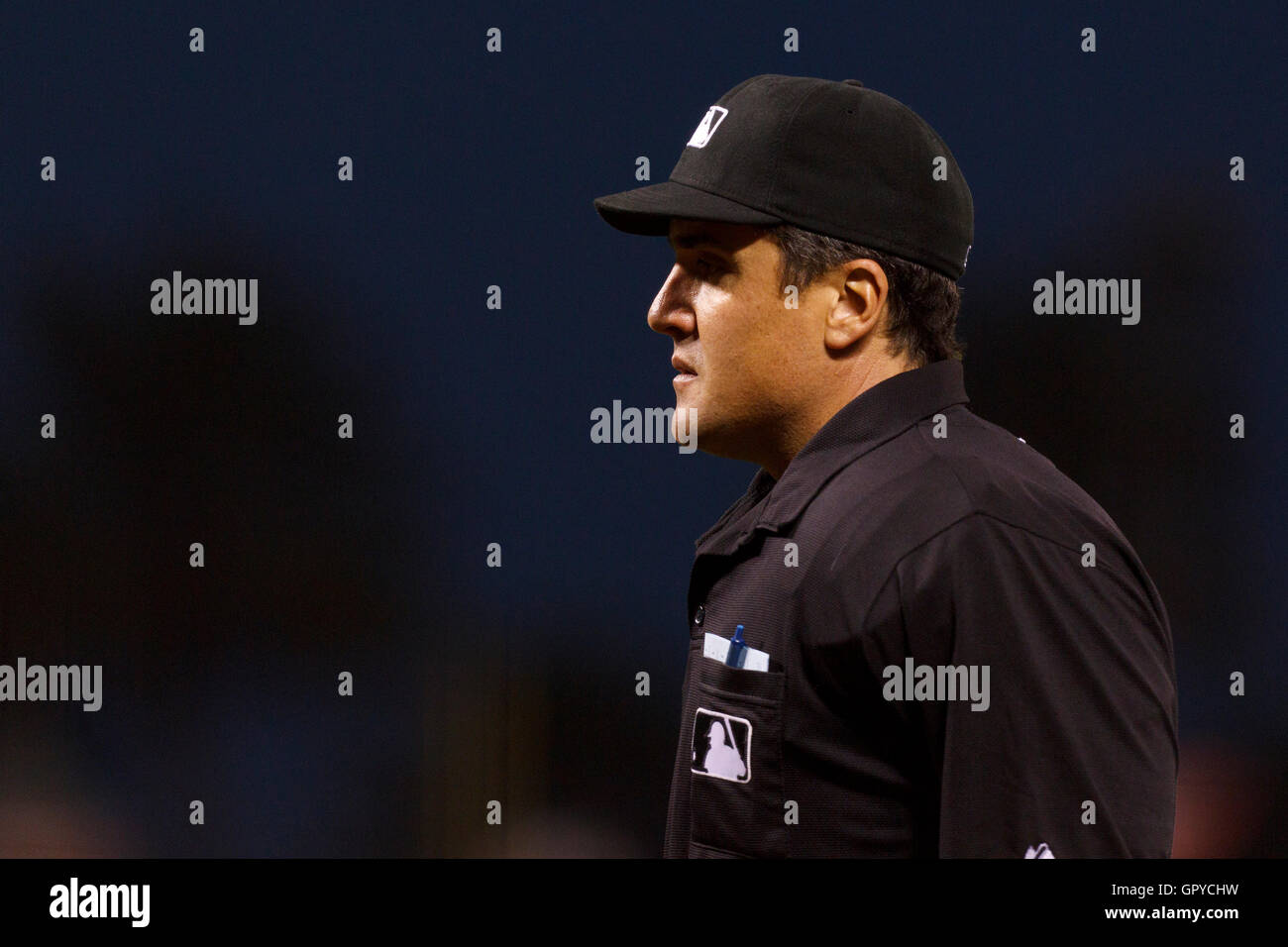 June 21, 2011; San Francisco, CA, USA;  MLB umpire Mike DiMuro (16) stands behind home plate during the sixth inning between the San Francisco Giants and the Minnesota Twins at AT&T Park. Minnesota defeated San Francisco 9-2. Stock Photo