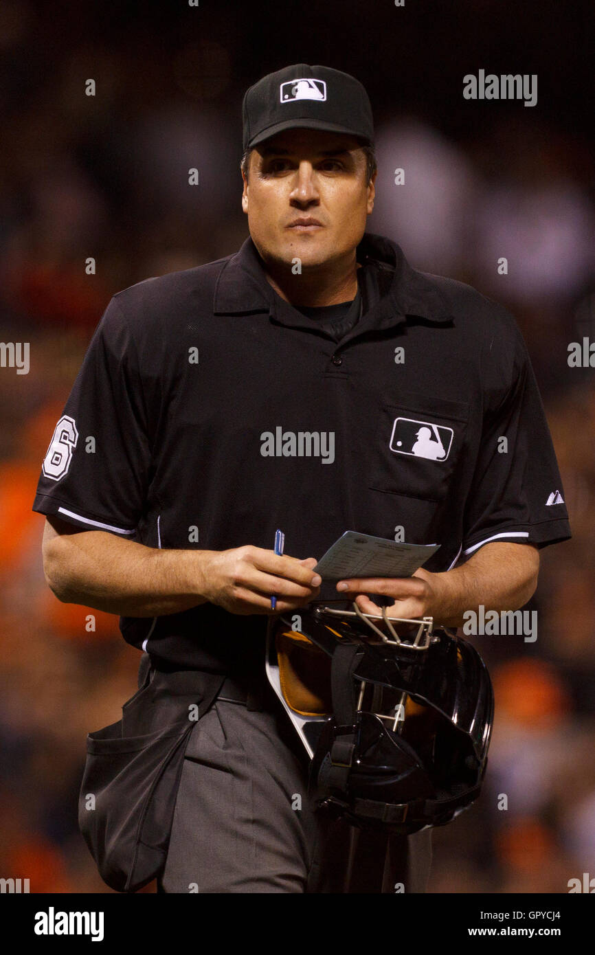 June 21, 2011; San Francisco, CA, USA;  MLB umpire Mike DiMuro (16) stands behind home plate during the eighth inning between the San Francisco Giants and the Minnesota Twins at AT&T Park. Minnesota defeated San Francisco 9-2. Stock Photo