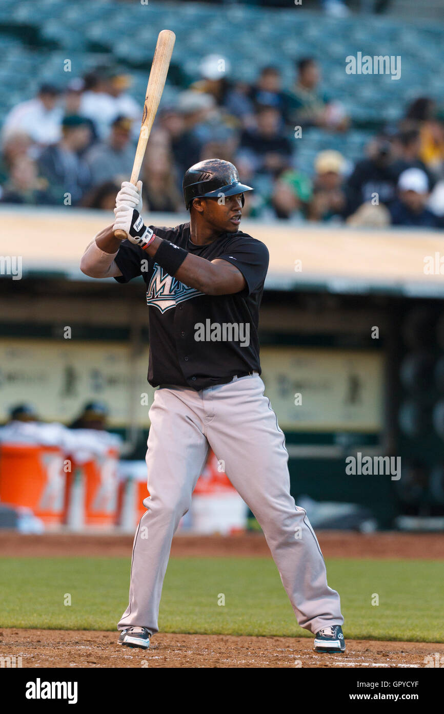 June 29, 2011; Oakland, CA, USA; Florida Marlins shortstop Hanley Ramirez (2) at bat against the Oakland Athletics during the fourth inning at the O.co Coliseum.  Florida defeated Oakland 3-0. Stock Photo