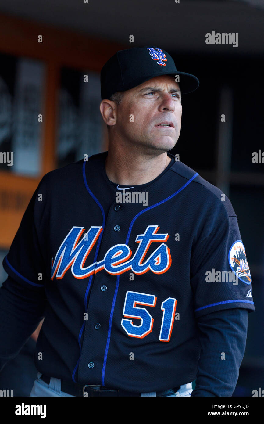 July 8, 2011; San Francisco, CA, USA;  New York Mets third base coach Chip Hale (51) stands in the dugout before the game against the San Francisco Giants at AT&T Park. New York defeated San Francisco 5-2. Stock Photo