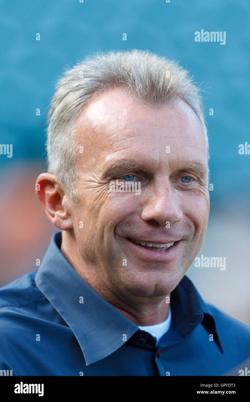 July 18, 2011; San Francisco, CA, USA;  Former San Francisco 49ers quarterback Joe Montana watches batting practice before the game between the San Francisco Giants and the Los Angeles Dodgers at AT&T Park. San Francisco defeated Los Angeles 5-0. Stock Photo