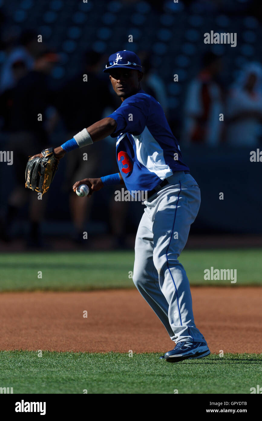 July 18, 2011; San Francisco, CA, USA;  Los Angeles Dodgers shortstop Eugenio Velez (3) warms up before the game against the San Francisco Giants at AT&T Park. San Francisco defeated Los Angeles 5-0. Stock Photo