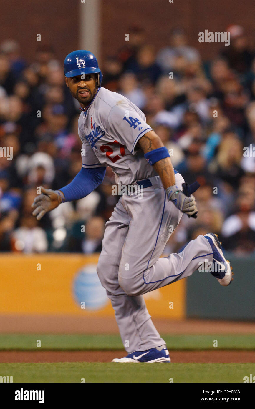 July 18, 2011; San Francisco, CA, USA;  Los Angeles Dodgers center fielder Matt Kemp (27) runs to second base against the San Francisco Giants during the fourth inning at AT&T Park. Stock Photo
