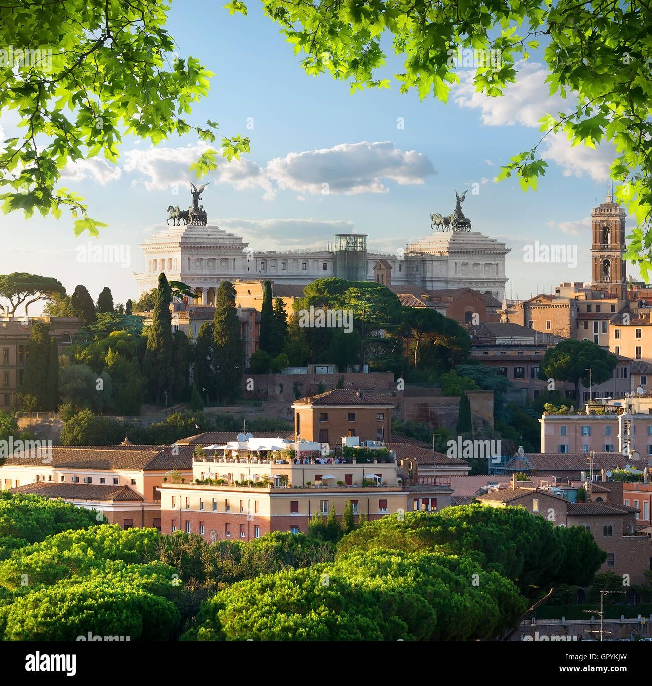 View of Rome from National Monument to Victor Emmanuel II or Il Vittoriano in Rome Stock Photo