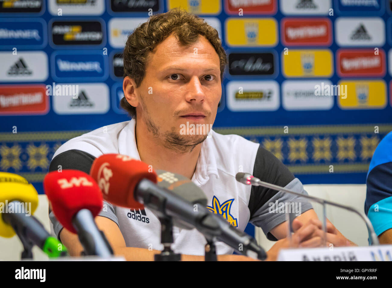 Goalkeeper of Ukraine National Team Andriy Pyatov talks during press-conference before the FIFA World Cup 2018 Qualifying match Stock Photo