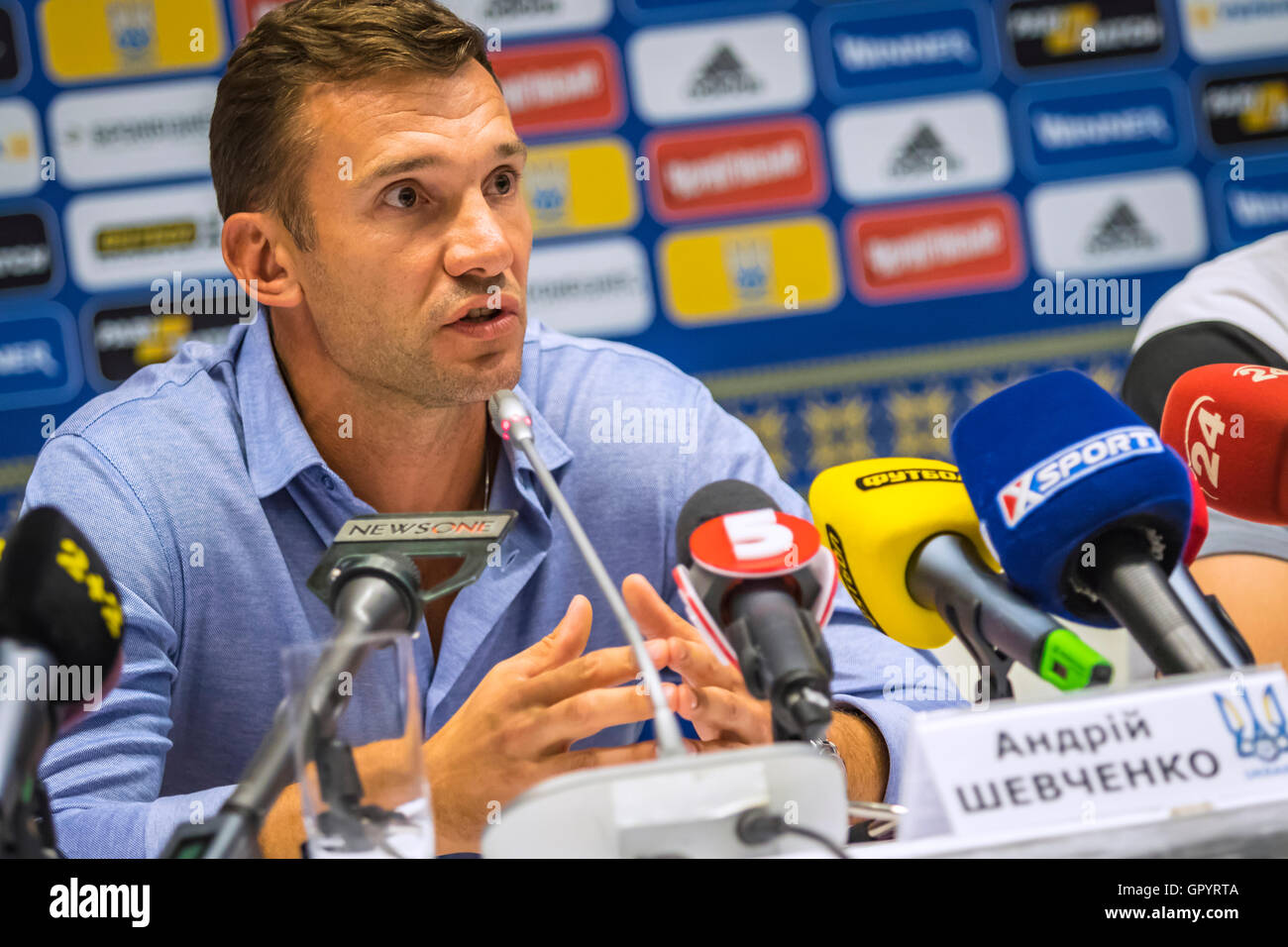 Ukraine National Team head coach Andriy Shevchenko attends press-conference Stock Photo