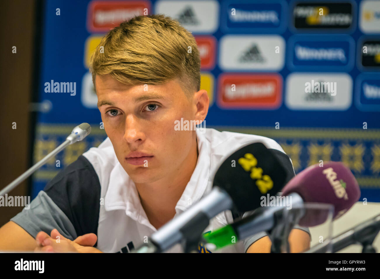Player of Ukraine National Team Sergiy Sydorchuk looks on during press-conference Stock Photo
