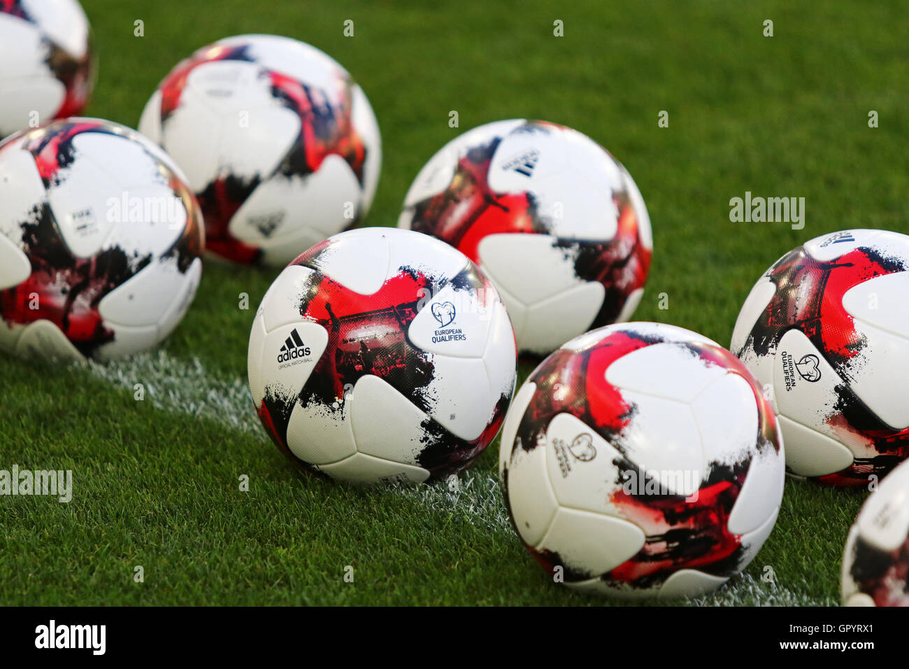 Official Match Balls Of Fifa World Cup 2018 Qualifying Matches On The Grass Stock Photo Alamy
