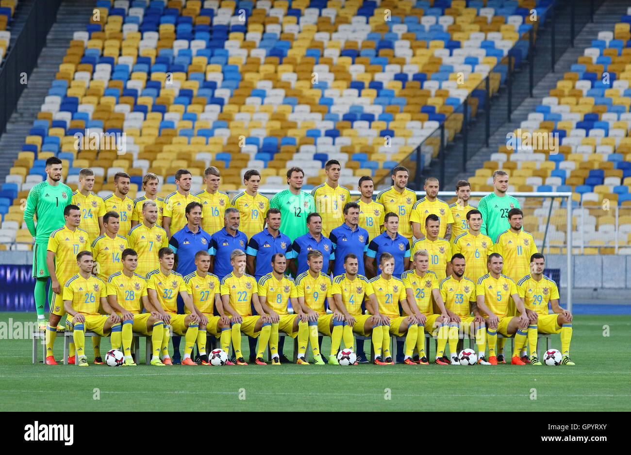 KYIV, UKRAINE - AUGUST 29, 2016: Group portrait of players and coaches of Ukraine National Football Team before FIFA World Cup 2018 Qualifying matches at NSC Olympic stadium in Kyiv, Ukraine Stock Photo