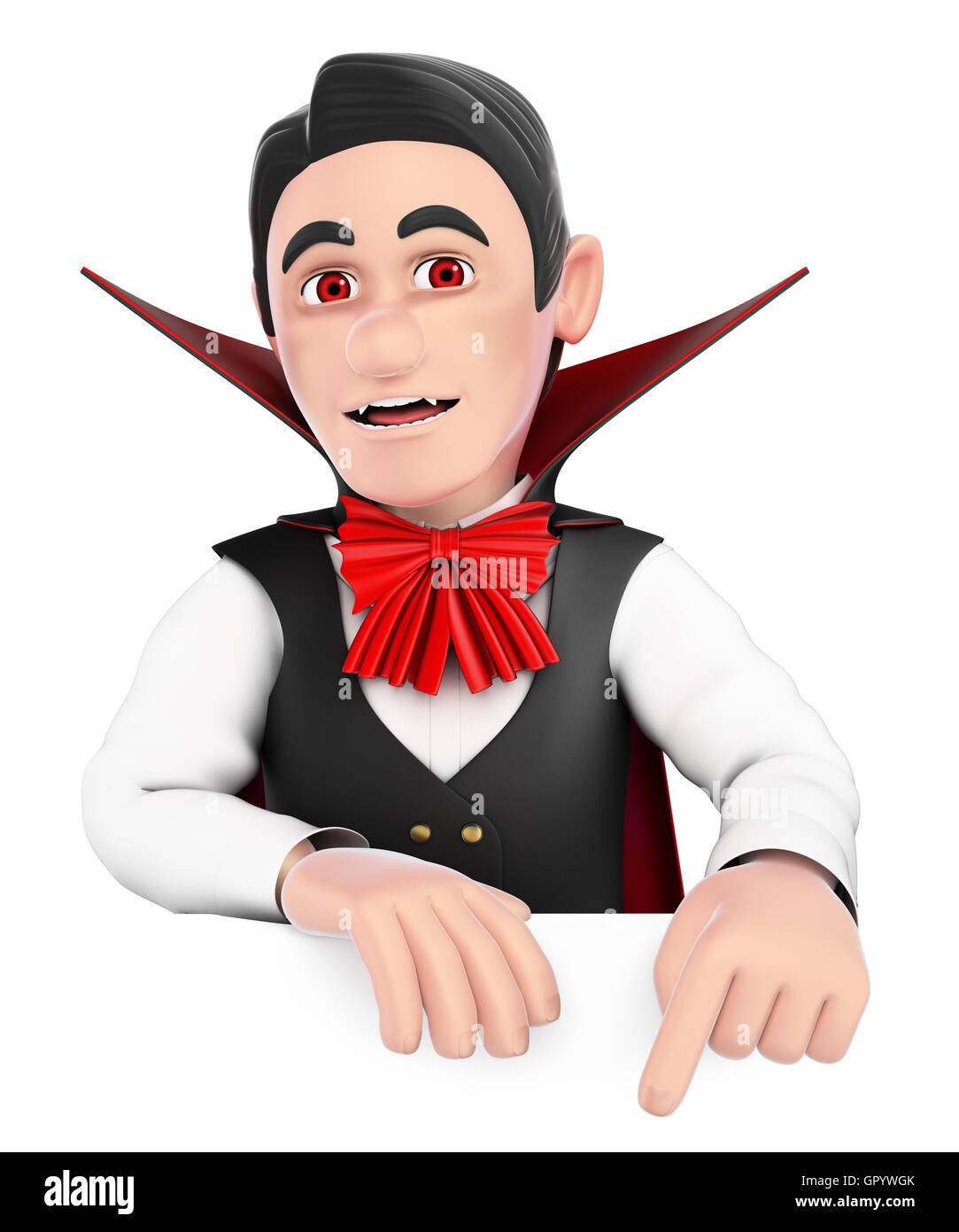 3d halloween people illustration. Funny monster. Vampire pointing down. Blank space. Isolated white background. Stock Photo