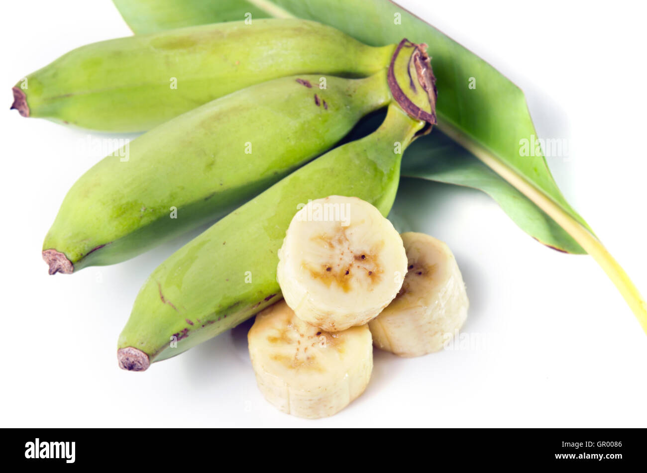 Banana (Other names are Musa banana acuminata, Musa balbisiana, and Musa x paradisiaca) fruit with leaf Stock Photo
