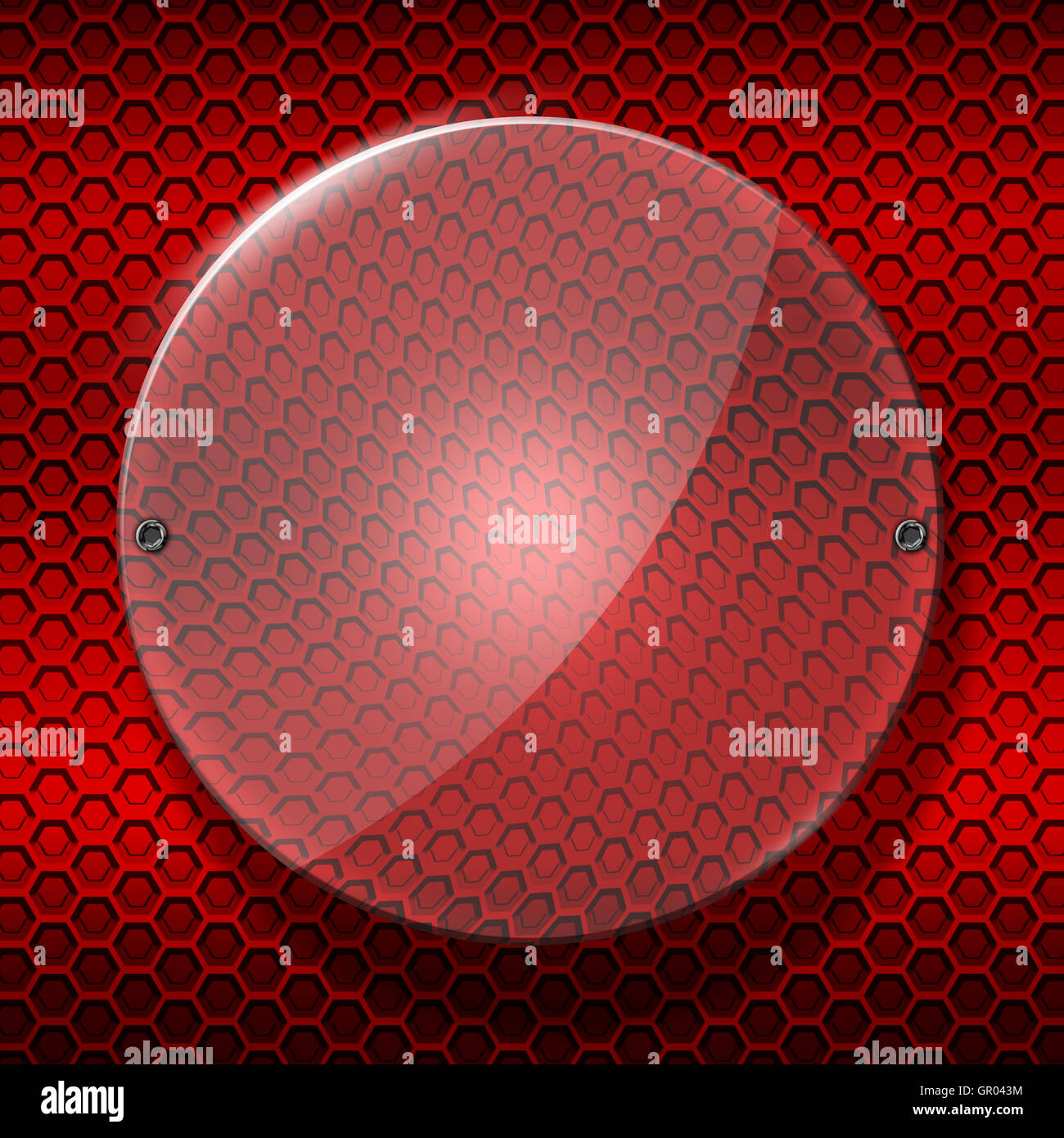 set 8. circle glossy glass with rivet on red metallic mesh wall. 3d illustration background. Stock Photo