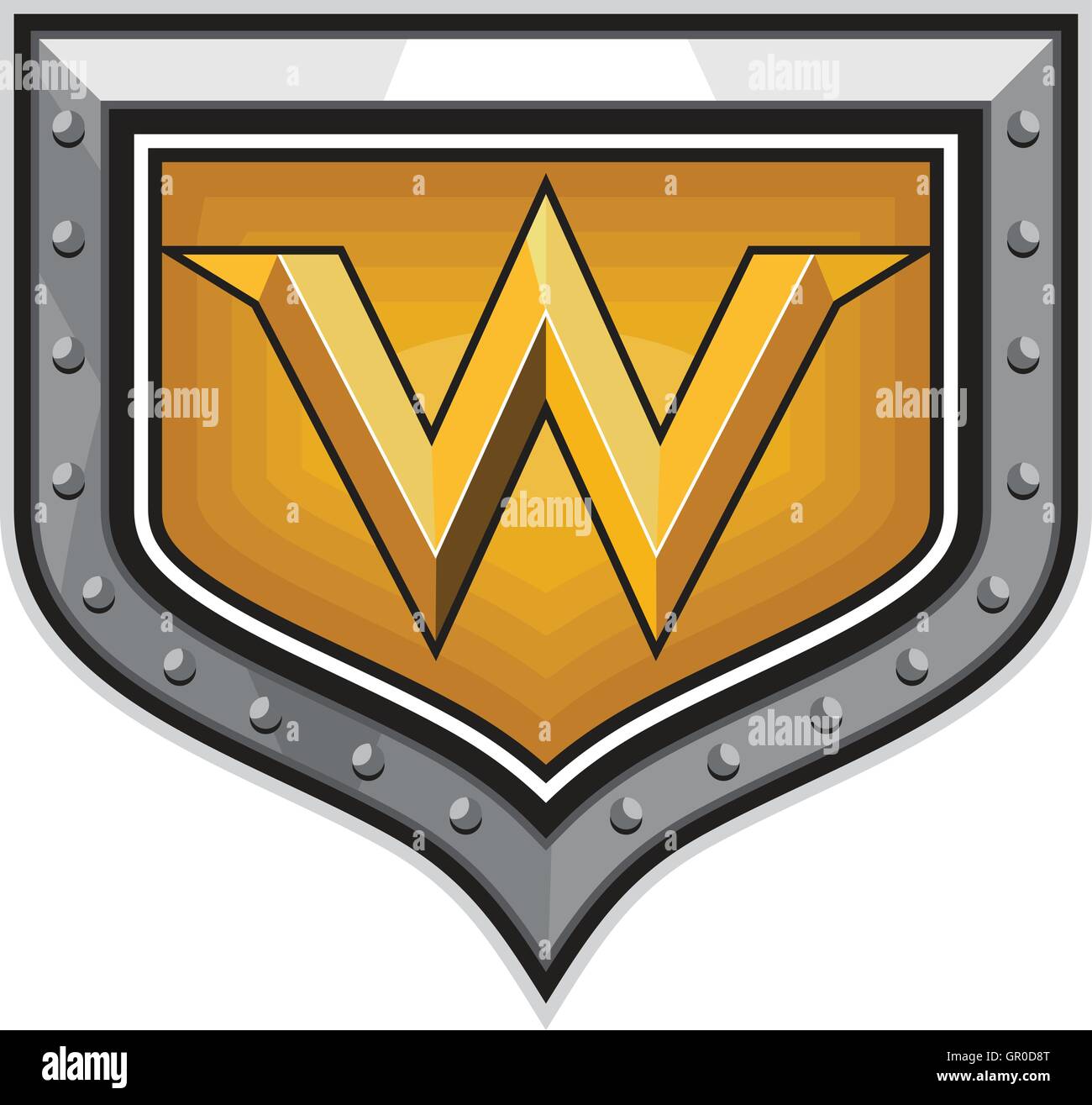 Illustration of the letter W in gold set inside shield crest done in retro style. Stock Vector