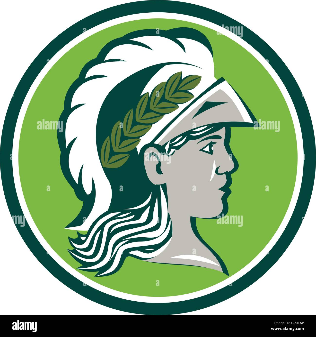 Illustration of Minerva or Menrva, the Roman goddess of wisdom and sponsor of arts, trade, and strategy wearing helmet and laurel crown viewed from side set inside circle on isolated white background done in retro style. Stock Vector