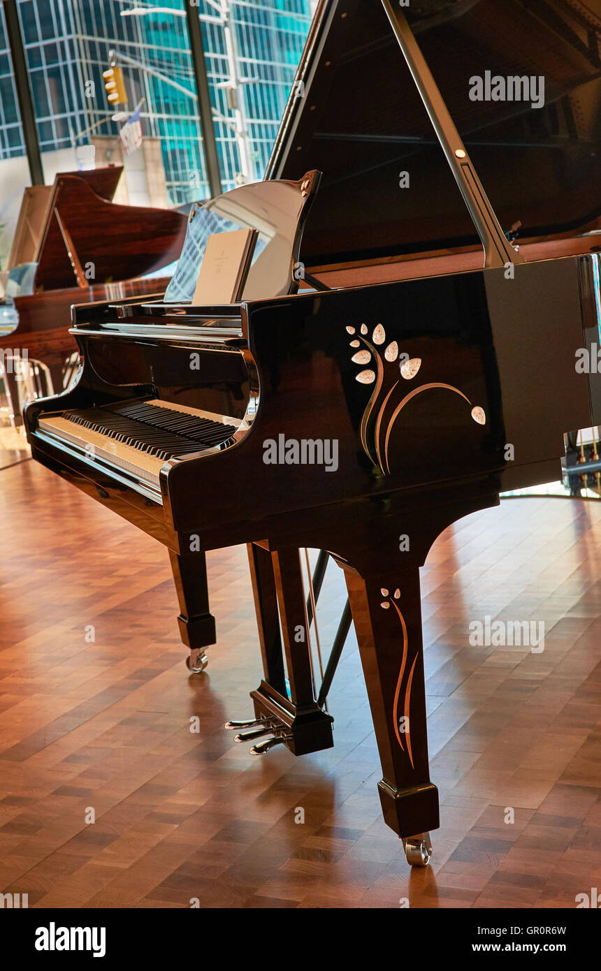Steinway in New York.  Piano on the showroom floor at the Steinway & Son showroom in Manhattan, New York City. Stock Photo