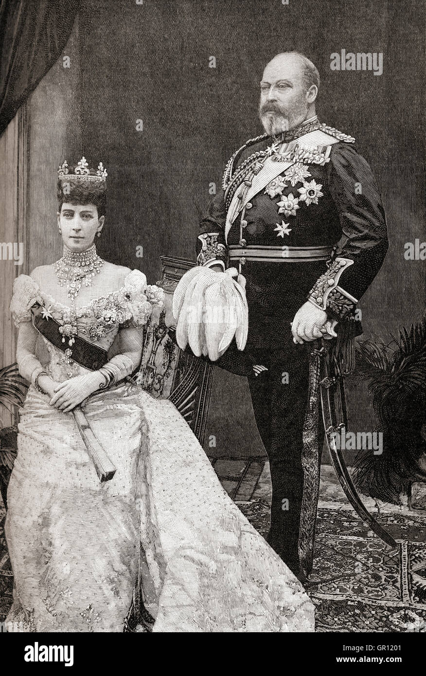 King Edward VII and Queen Alexandra.  Edward VII, 1841 – 1910.  King of the United Kingdom and the British Dominions and Emperor of India.  Alexandra of Denmark, 1844 – 1925.  Queen consort of the United Kingdom of Great Britain and Ireland and Empress consort of India as the wife of King-Emperor Edward VII. Stock Photo