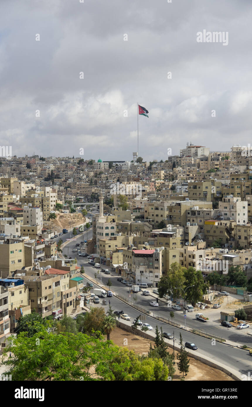 Amman city view with big Jordan flag and flagpole, Amman, Jordan Stock Photo