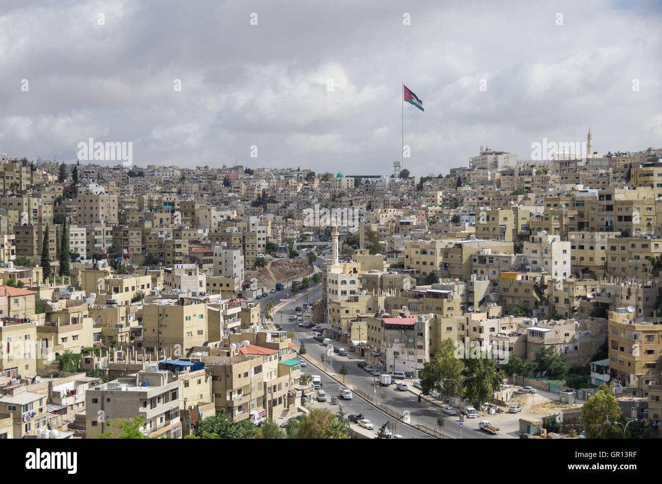 Amman city view with big Jordan flag and flagpole, Amman, Jordan Stock Photo
