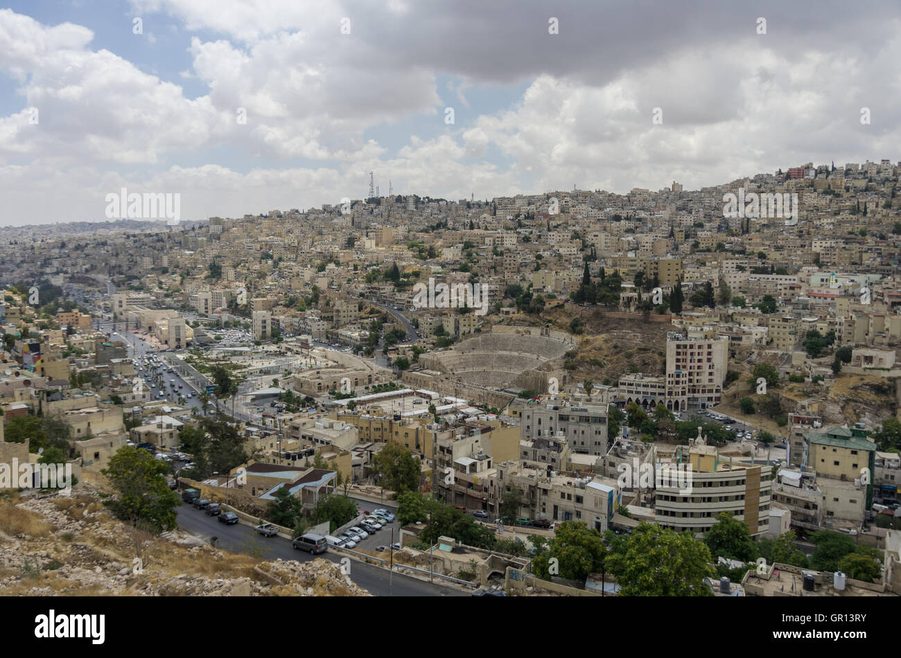 Cityscape of Amman downtown with Roman amphitheatre from citadel, Amman, Jordan Stock Photo