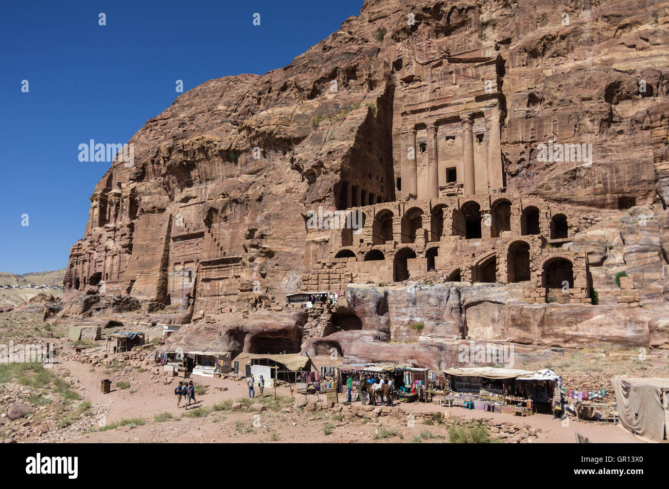 View of Royal tombs and the Urn tomb on foreground. Petra, Jordan Stock Photo