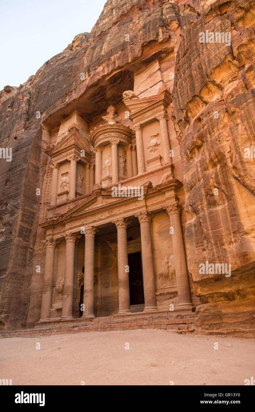 The treasury or Al-Khazneh, it is the most magnificant and famous facade in Petra Jordan, Stock Photo