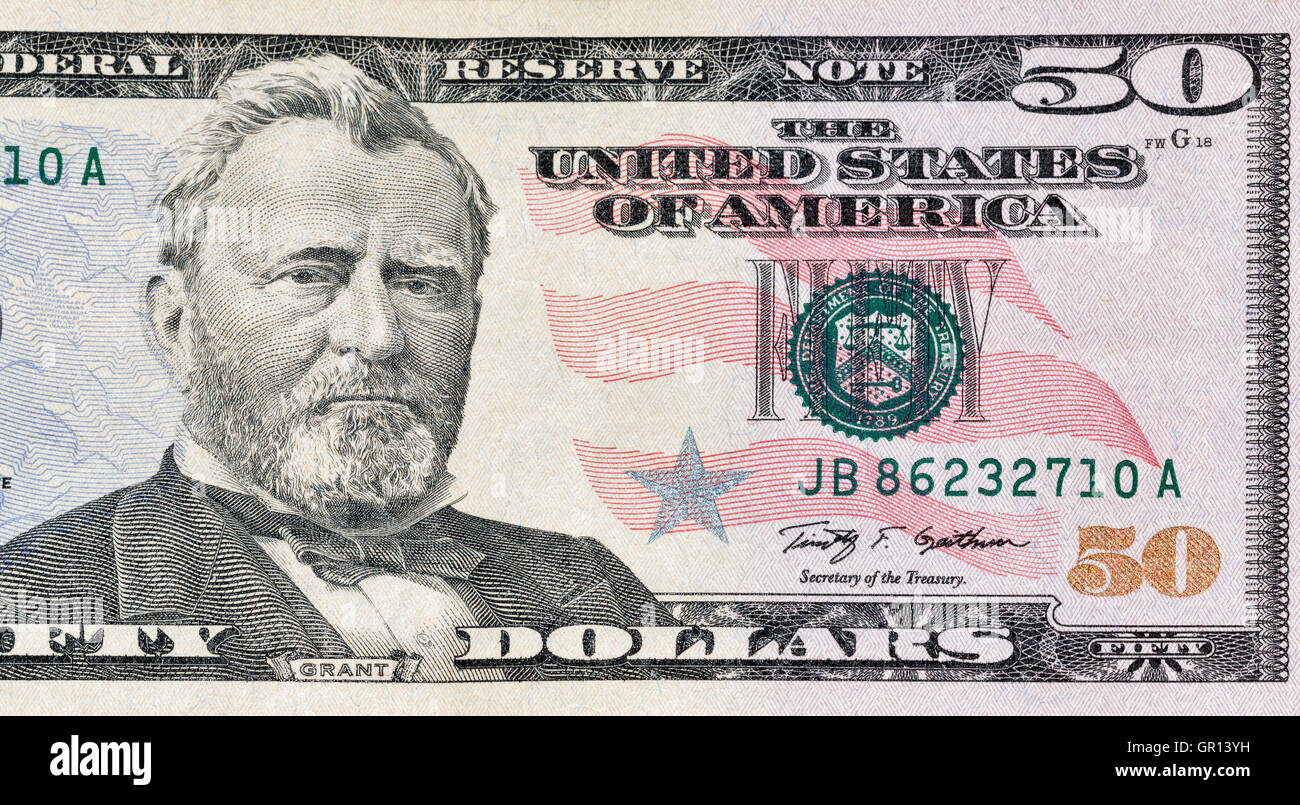 US President Grant portrait on fifty dollar bill macro Stock Photo