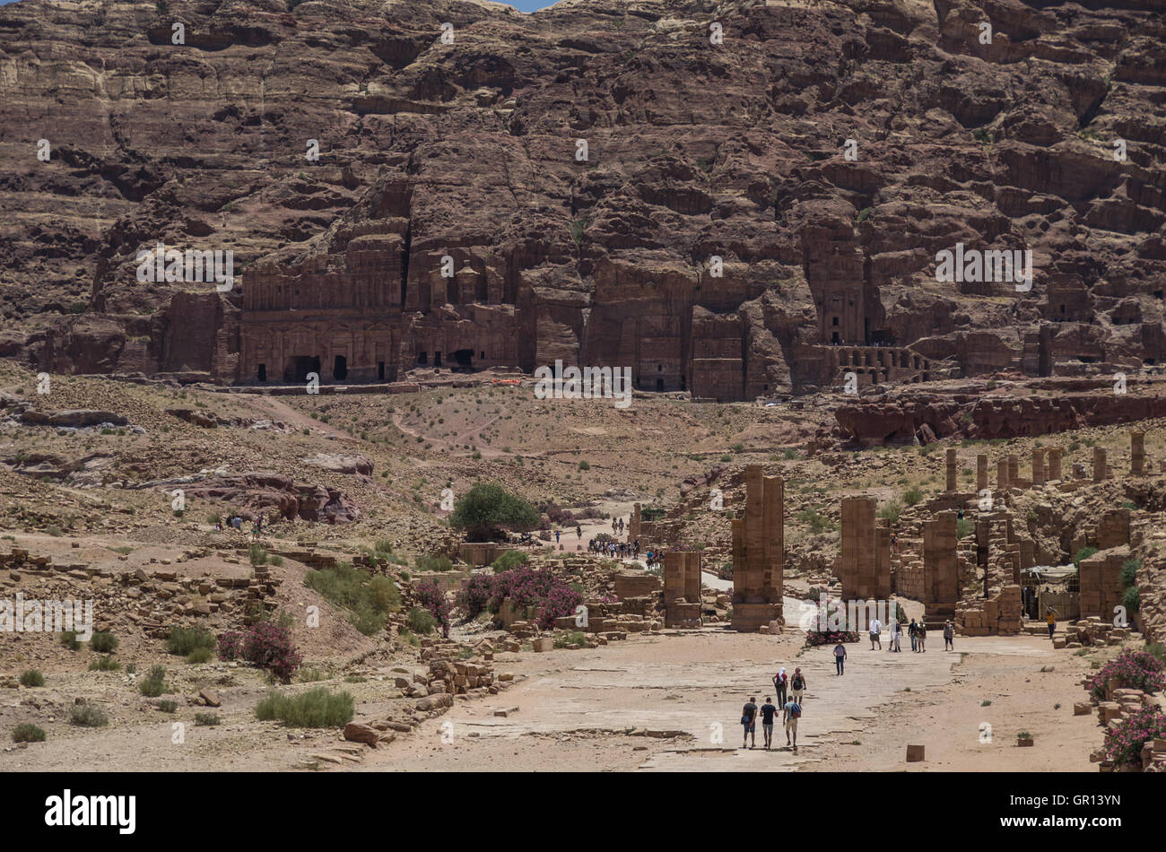 View to Royal Tombs from side of the Cardo Maximus Petra. Jordan Stock Photo