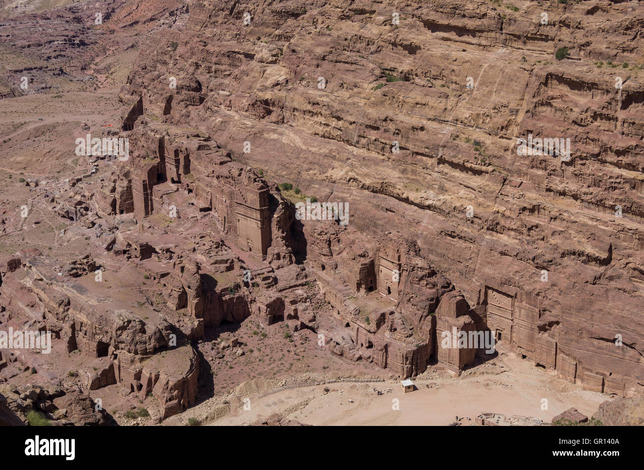Birds eye view of Royal Tomb from High Place of Sacrifice (Al-Madbah) viewpoint, Petra, Jordan. Stock Photo